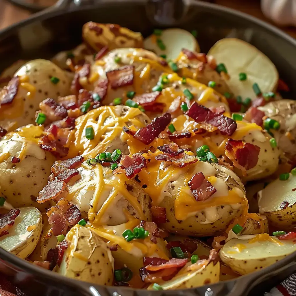 Un grand plat de pommes de terre avec bacon, fromage fondu et ciboulette dessus.