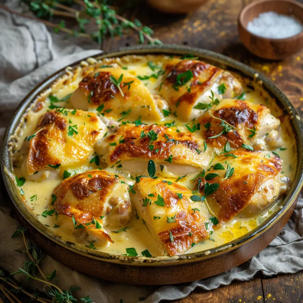 Des pâtes garnies de poulet nappées d'une sauce crémeuse, du persil frais dessus, le tout sorti du four tout doré.