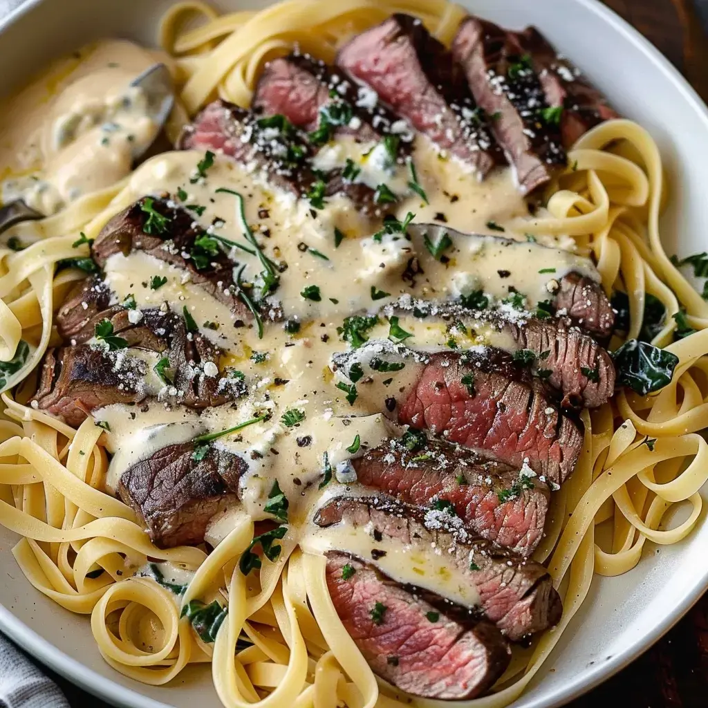 Des fettuccine bien nappées de sauce, recouvertes de fines tranches de steak et un peu de persil par-dessus.