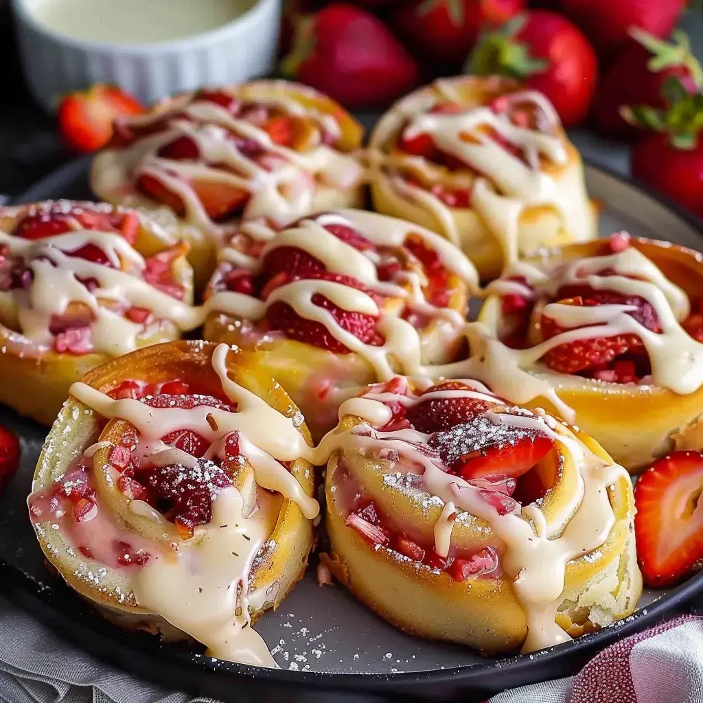 Roulés tout doux pleins de fraises avec un glaçage crémeux.