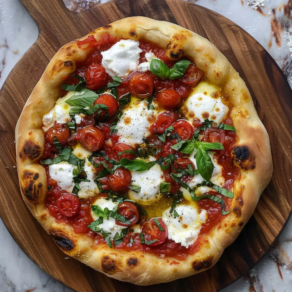 Pizza avec tomates cerises, mozzarella et basilic, posée sur une planche en bois. Plein de couleurs.