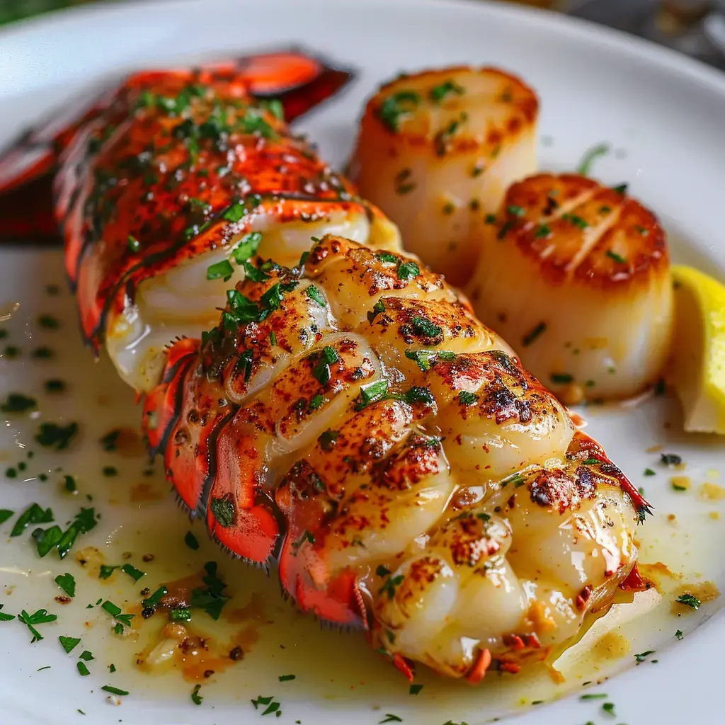 Homard grillé côte à côte avec des Saint-Jacques et rondelles de citron, saupoudrés de persil.