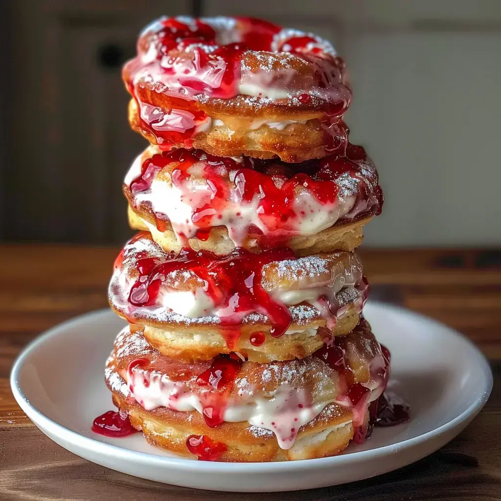 Pile de quatre beignets garnis de crème et fruits rouges, poudrés de sucre glace.