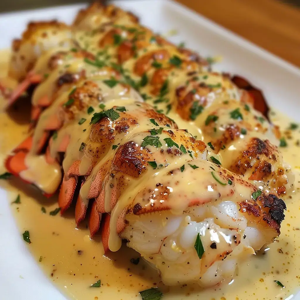On voit des queues de homard grillées, nappées de sauce et un peu de persil dessus.