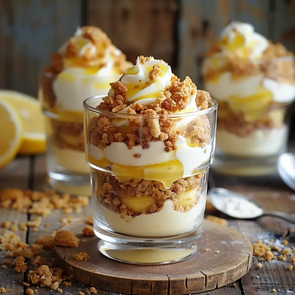 Petites coupes remplies de crème citron onctueuse, paillettes de biscuit croquant et nuages de chantilly, posées sur une table en bois.