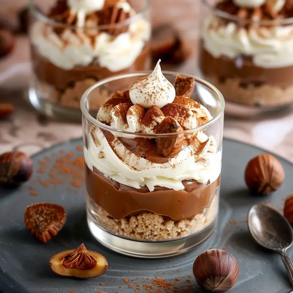 Dessert tout en verre où on voit la crème, la chantilly et les noisettes hachées, saupoudré de cacao.
