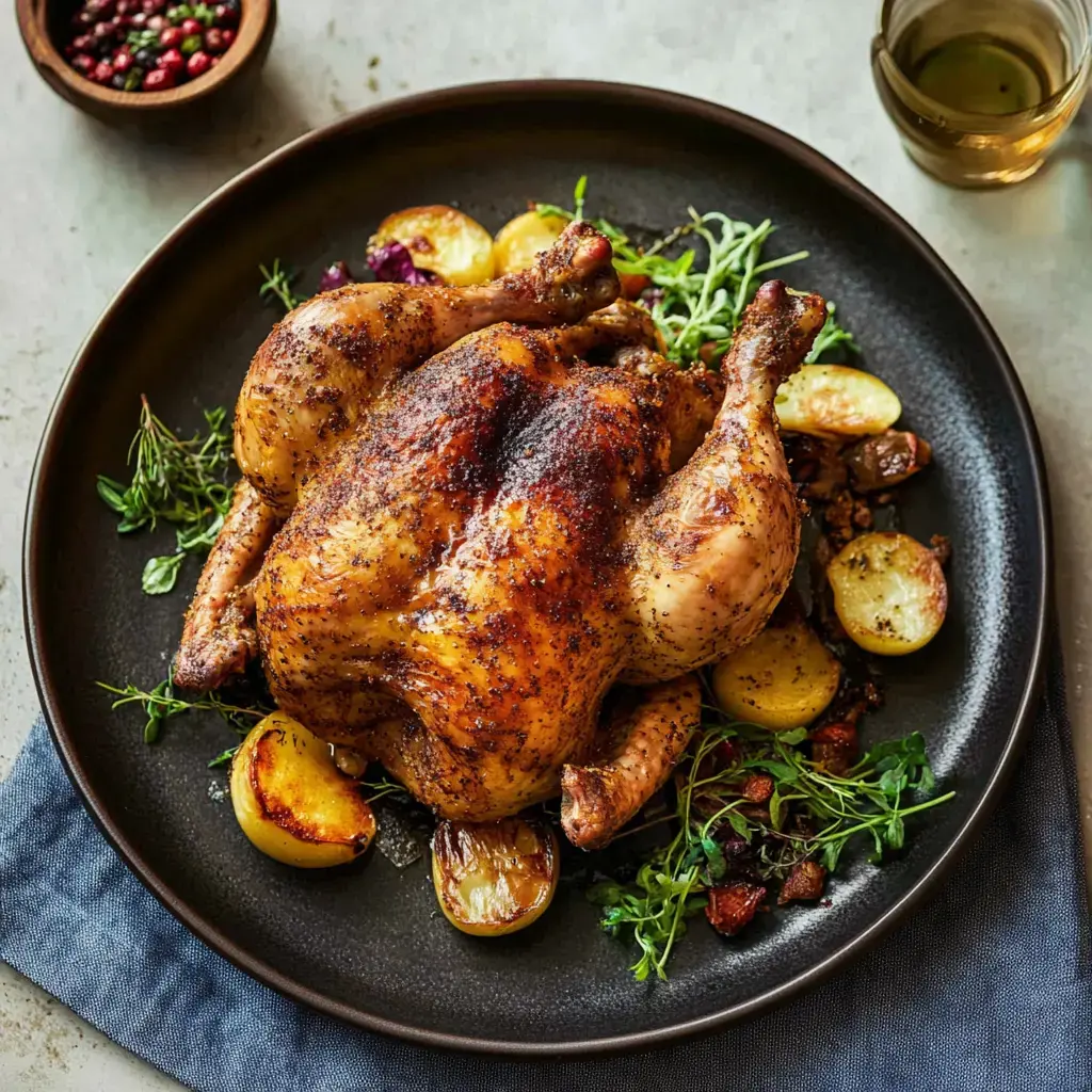 Un poulet doré et croustillant servi sur une assiette noire avec des pommes de terre et des herbes fraîches.