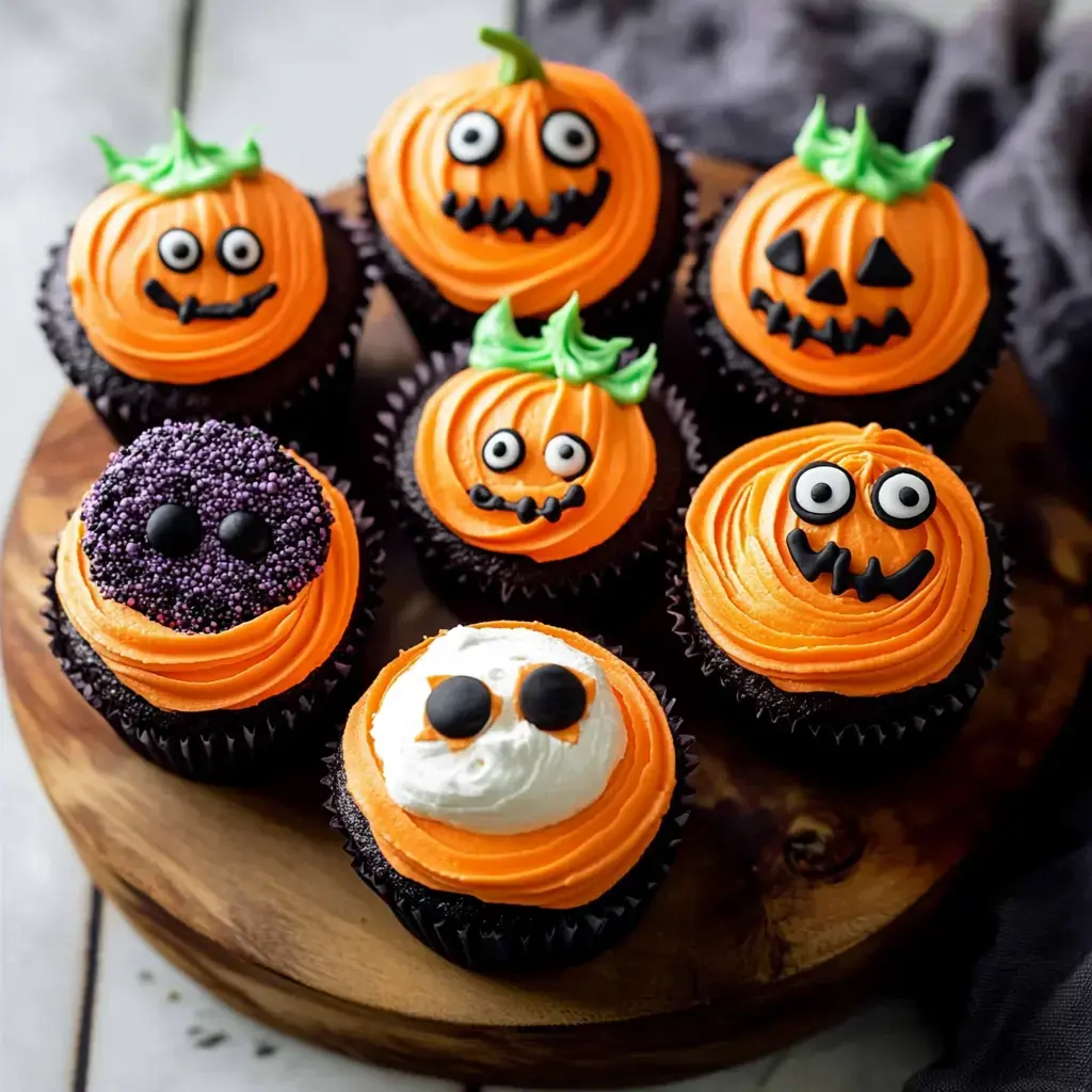 Cupcakes Halloween stylisés en citrouilles avec du glaçage orange et des visages amusants présentés sur un plateau en bois.