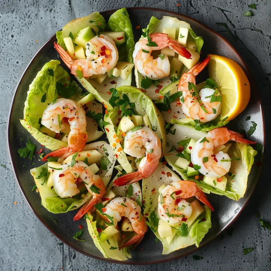 Plateau de crevettes disposées sur des feuilles d'endives avec des dés de pomme, garni de persil et d'assaisonnement.