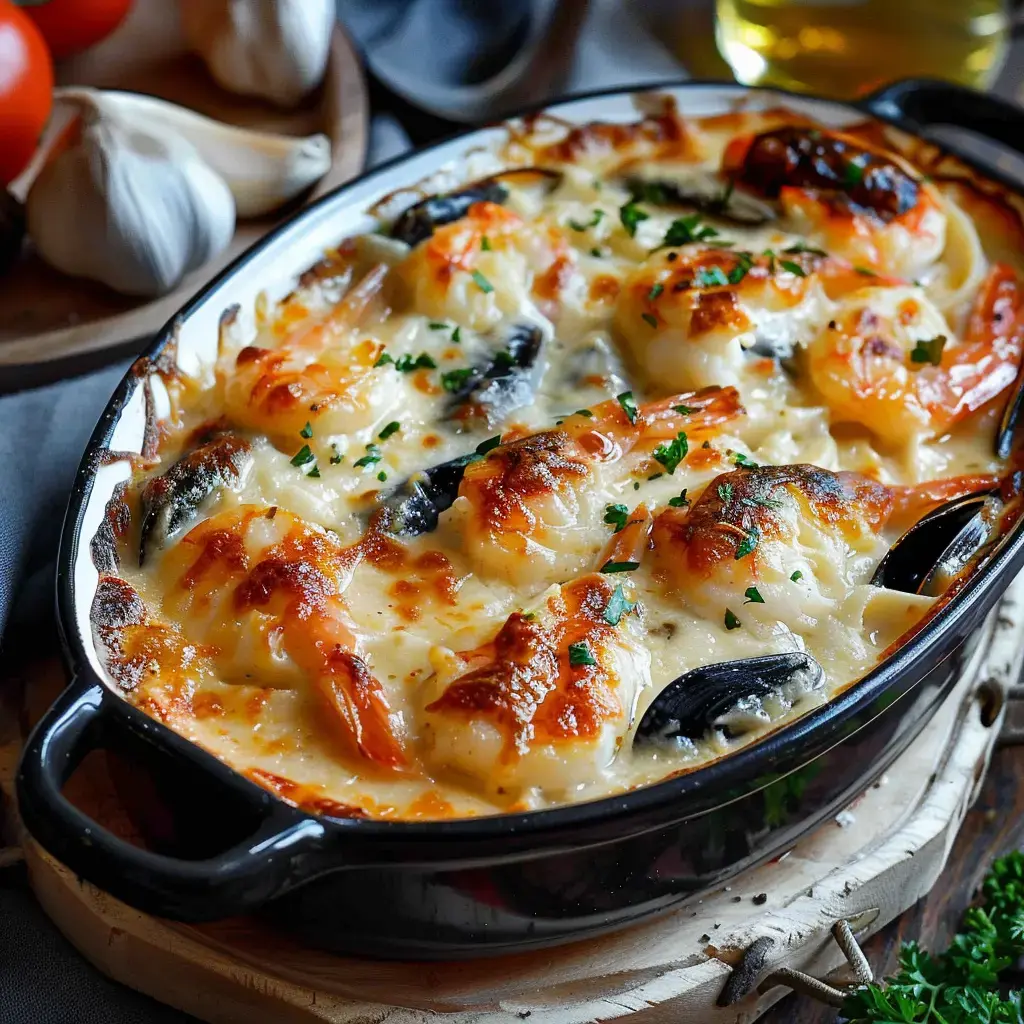 Un délicieux gratin maritime avec crevettes, moules et sauce fondante, parsemé d'herbes fraîches.