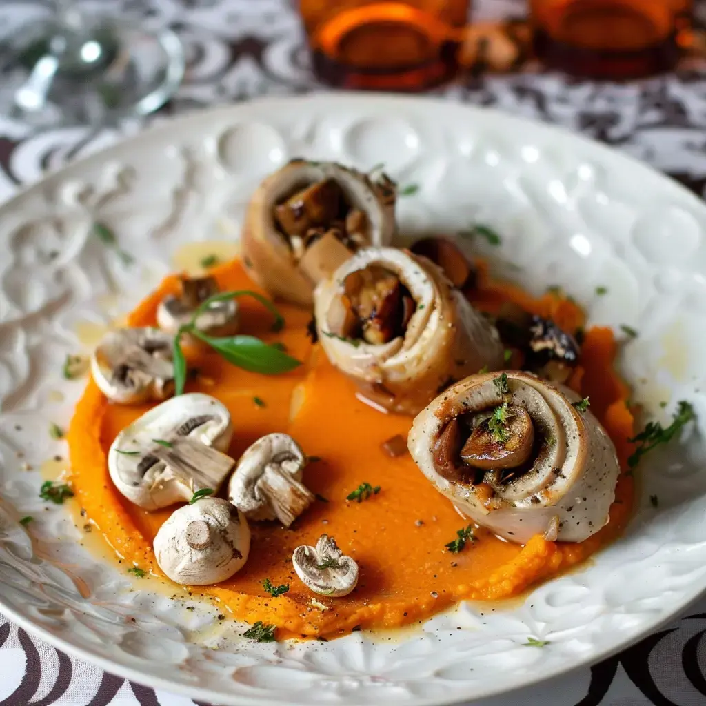 Une assiette gourmande avec des rouleaux de viande farcis aux champignons, accompagnés d'une purée orange avec quelques champignons frais et herbes aromatiques.