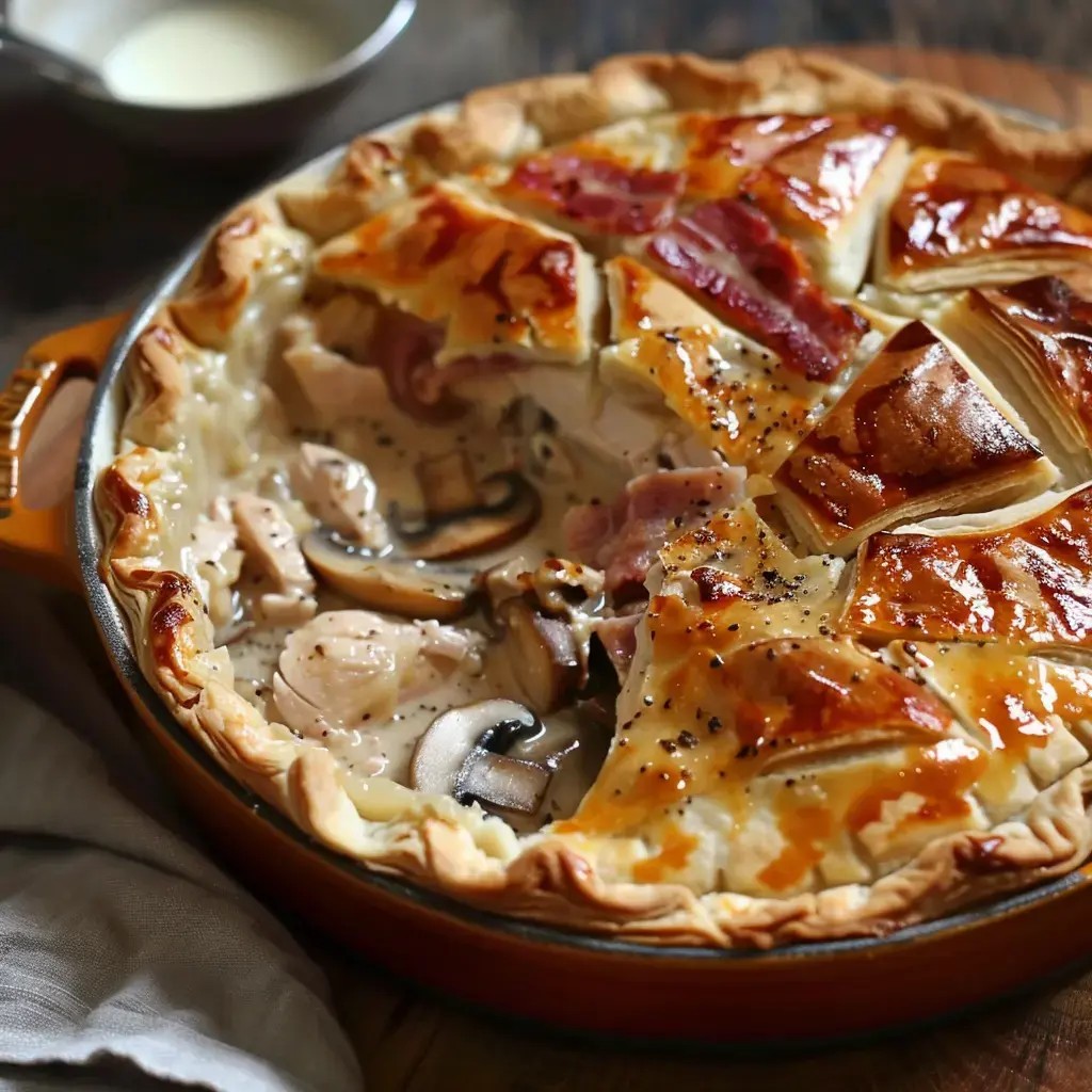 Une tourte maison remplie de poulet, champignons et sauce onctueuse, recouverte d'une pâte feuilletée dorée et croquante.