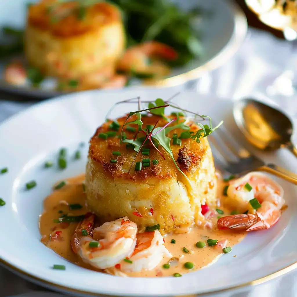 Une assiette raffinée présentant un gâteau au maïs salé, décoré de crevettes et nappé d'une sauce veloutée.
