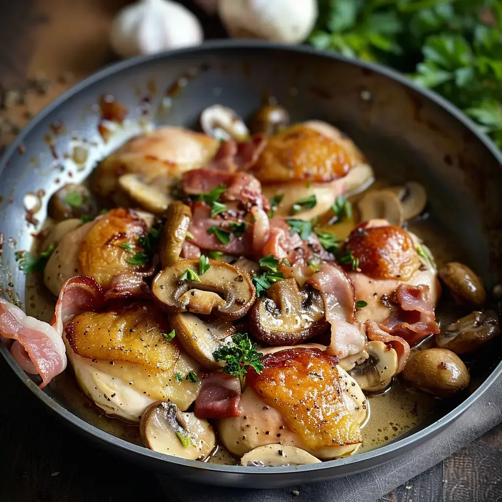 Une poêle remplie de morceaux de poulet dorés avec du lard, des champignons et du persil haché.