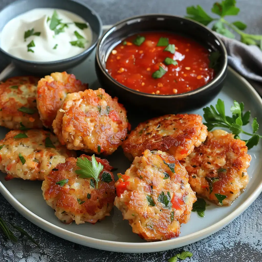 Des beignets dorés et croustillants garnis de persil, accompagnés d'une sauce rouge épicée et d'un yaourt onctueux.
