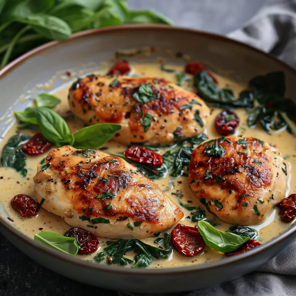 Des morceaux de poulet mijotés avec des épinards, des tomates confites et une sauce crémeuse, parsemés de basilic frais.