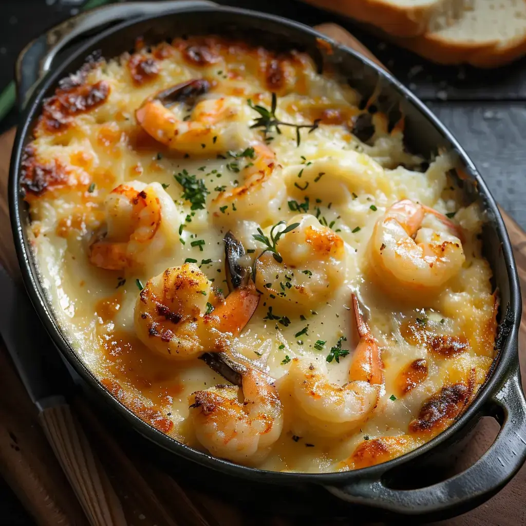 Un délicieux mélange de fruits de mer gratiné au four, présenté dans un plat noir, garni d'herbes fraîches et aromatiques.