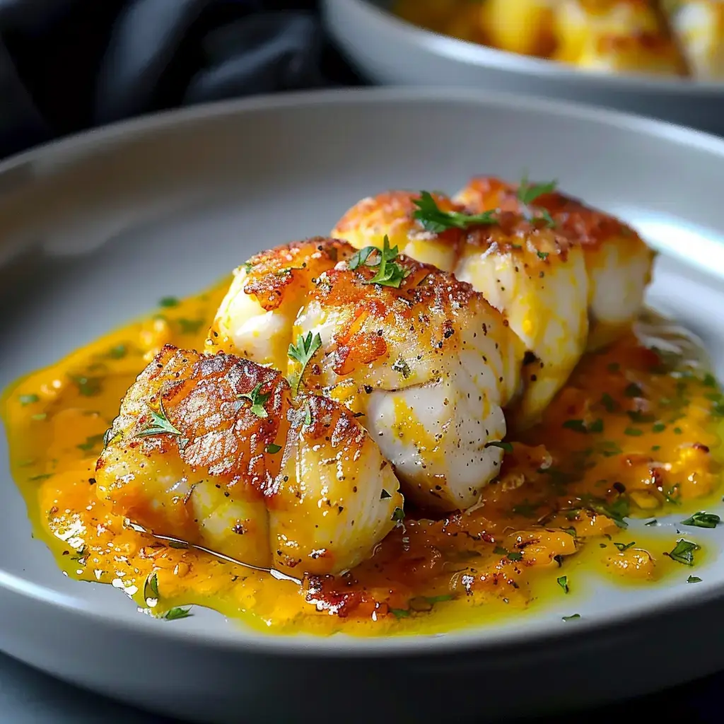 Un morceau de poisson doré avec sa sauce onctueuse, parsemé d'herbes fraîches dans une jolie assiette grise.