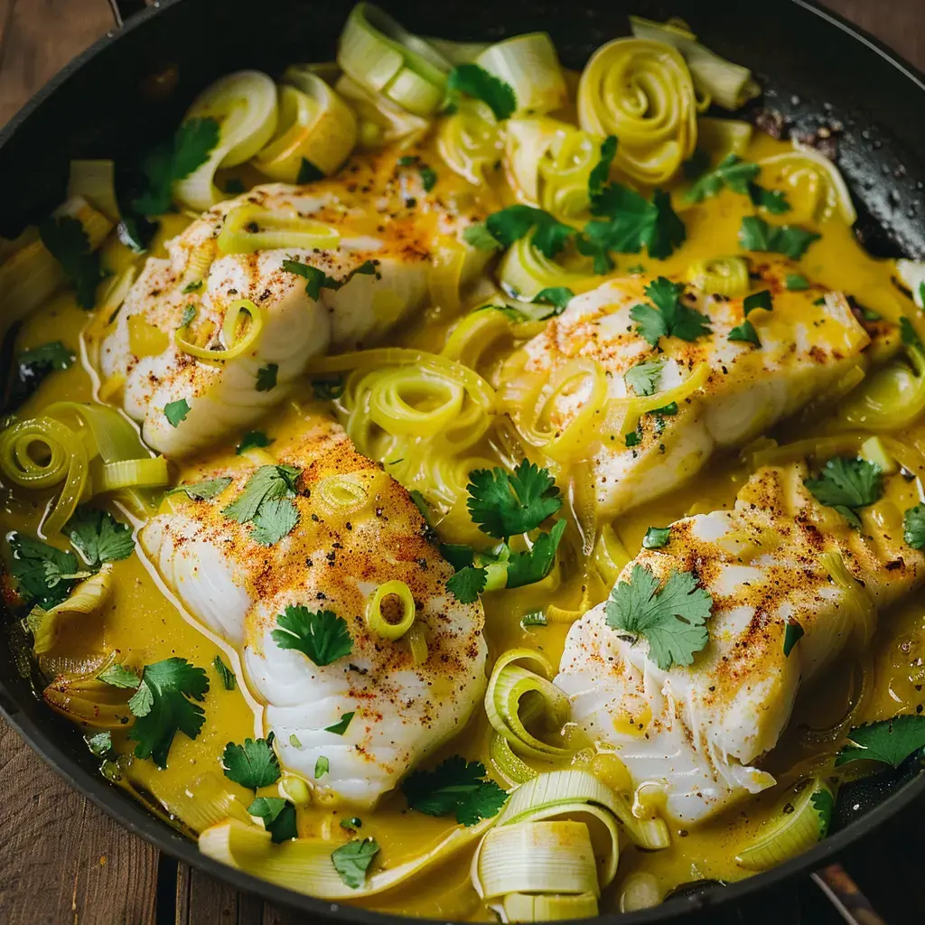 Morceaux de poisson mijotés avec des poireaux et parsemés de coriandre dans une sauce jaune aux épices.