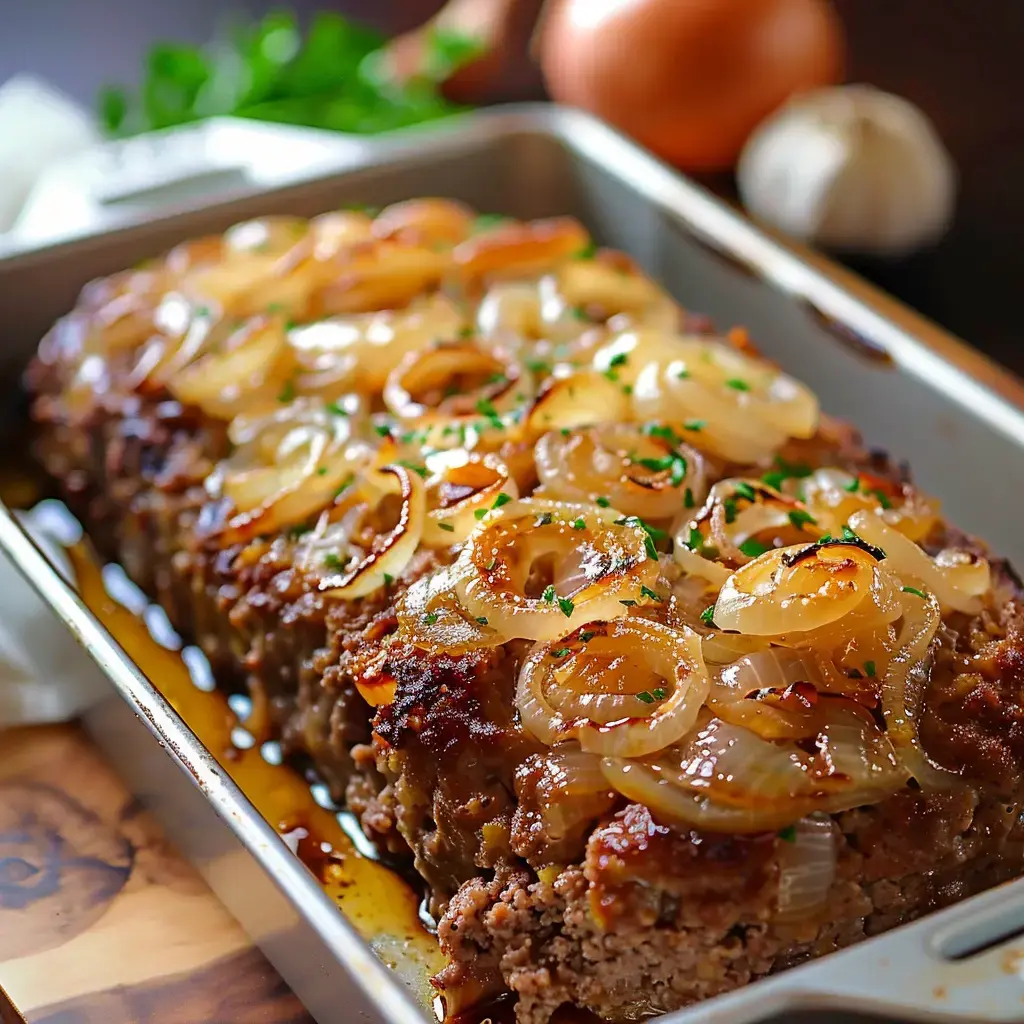 Un rôti de viande garni d'oignons caramélisés et de persil, présenté dans un plat de cuisson.