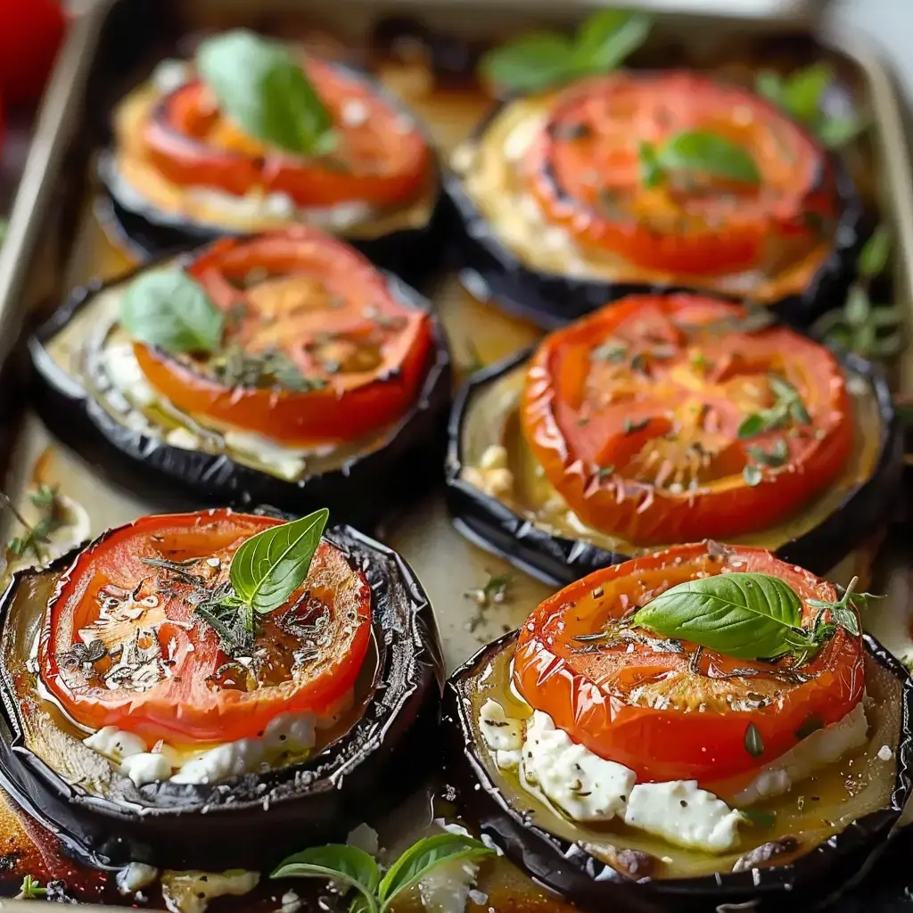 Des tartelettes garnies d'aubergine, fromage et tomates, parsemées d'herbes fraîches, prêtes à être enfournées.