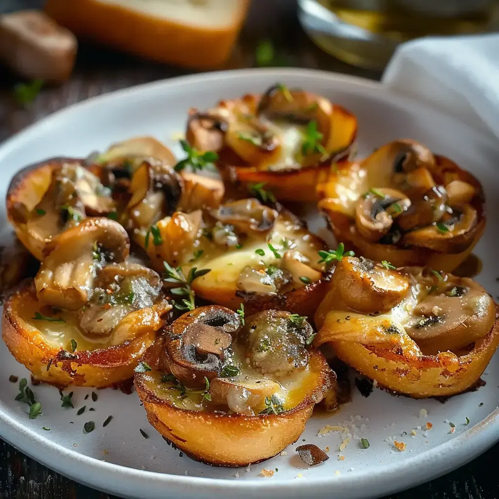 Des tartines garnies de pommes de terre, champignons et fromage, parsemées de thym frais.
