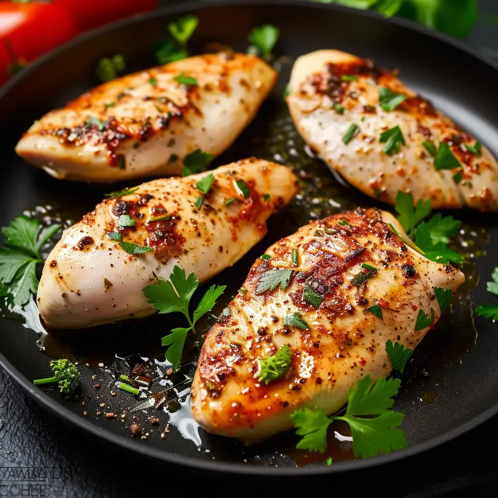 Quatre poitrines de poulet grillées, assaisonnées et garnies de coriandre, présentées sur une assiette noire.