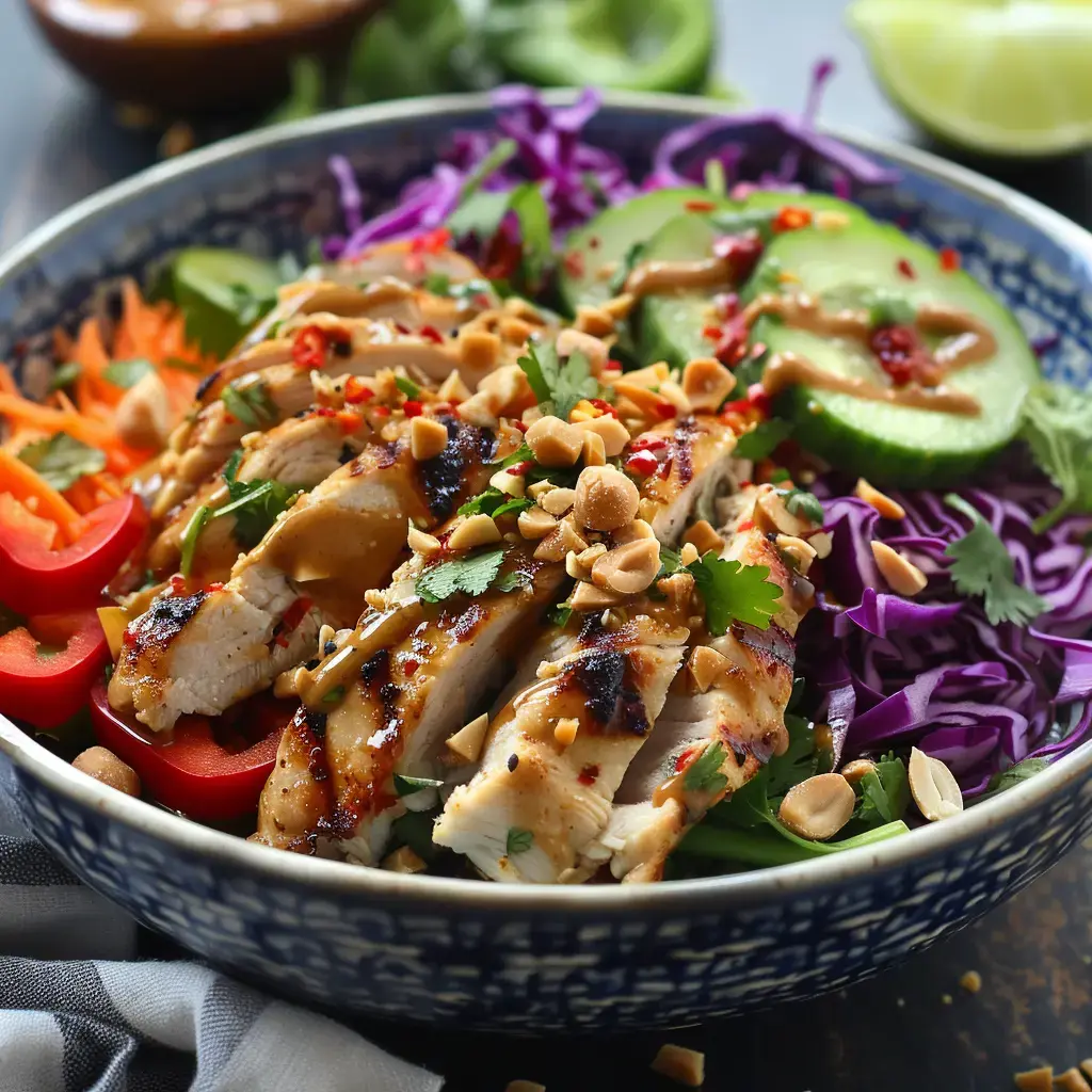 Un bol généreux rempli de légumes multicolores, poulet grillé, sauce onctueuse et arachides concassées.