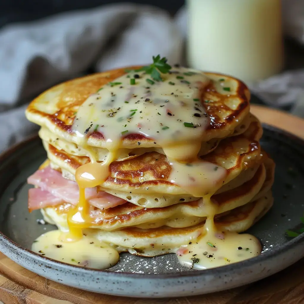 Une pile de galettes garnies de jambon, nappées d'une sauce crémeuse, servies dans une assiette grise.