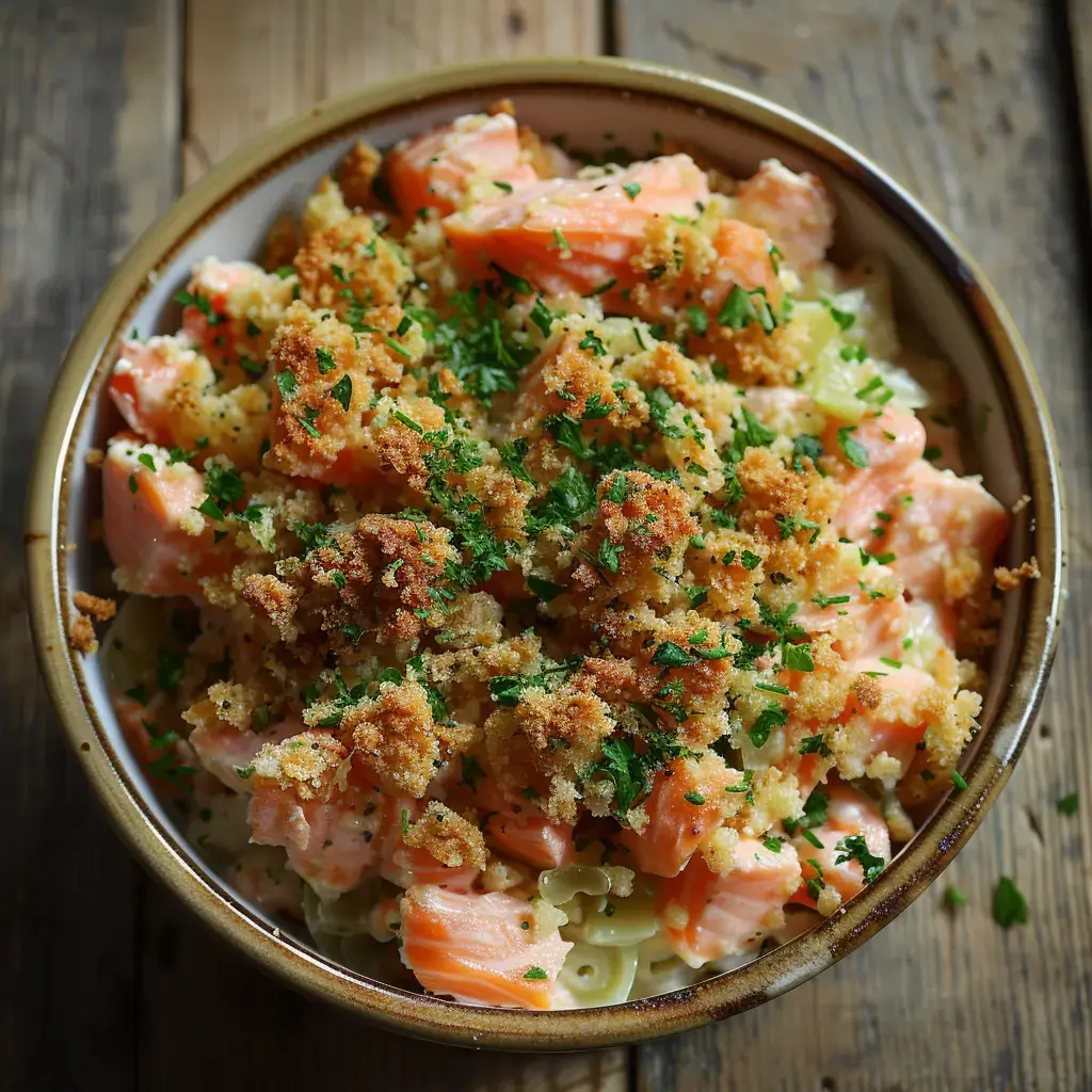 Un plat de pâtes aux morceaux de saumon recouvert de chapelure dorée et garni de persil frais.