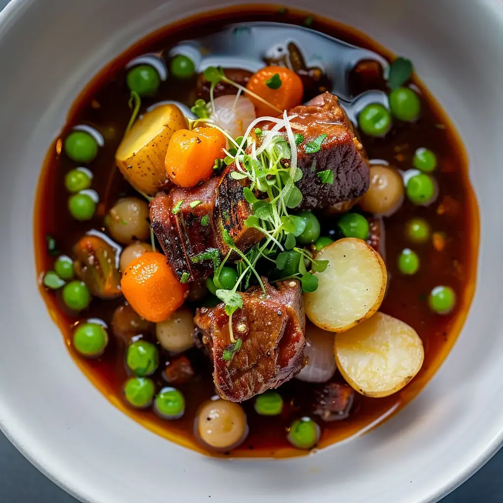 Un plat de viande braisée servi avec des légumes de saison et une sauce riche dans une assiette blanche.