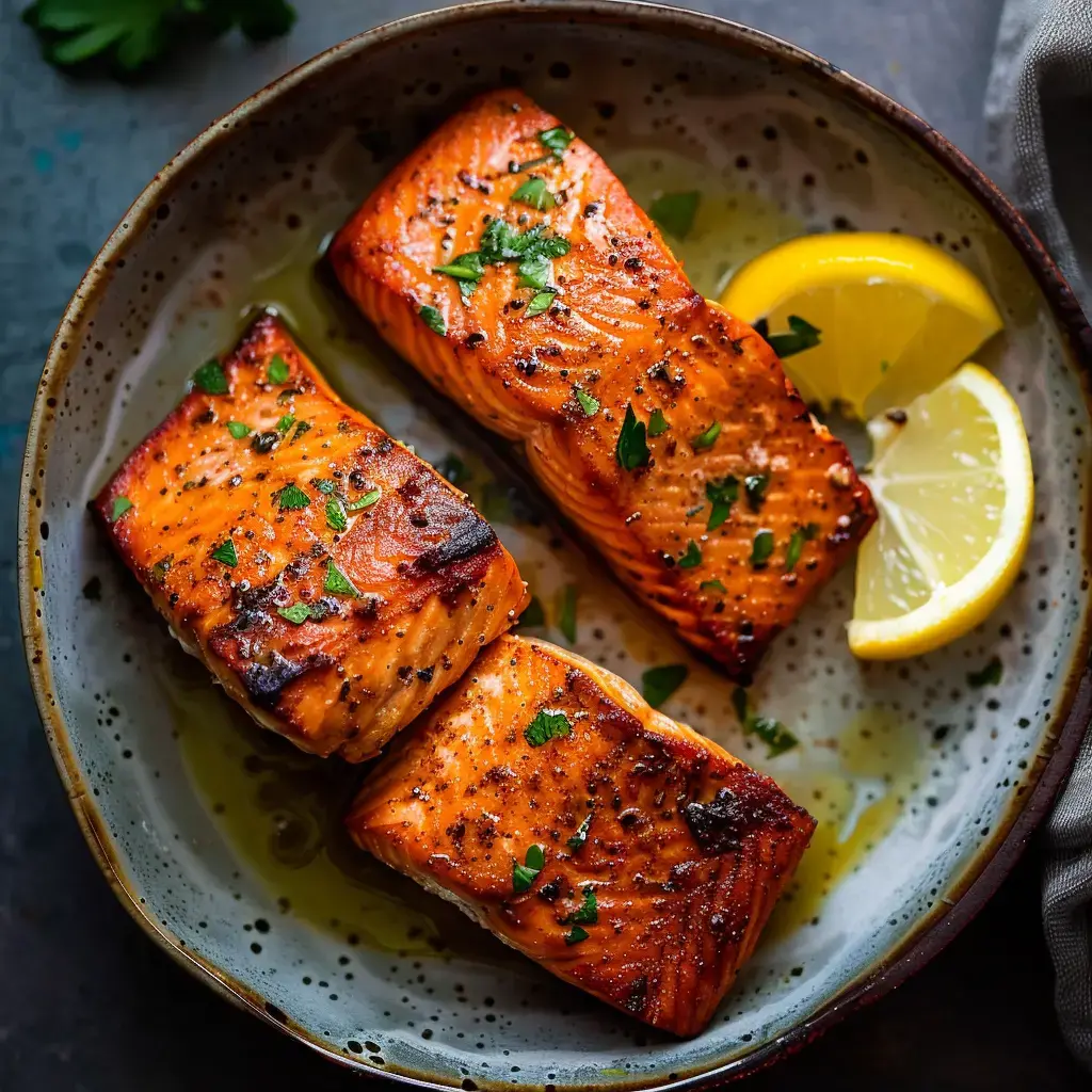 Morceaux de saumon grillés décorés de persil avec des quartiers de citron, servis dans une assiette.
