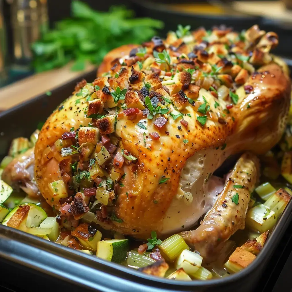 Une volaille dorée garnie de morceaux de pain, de lardons et d'herbes, servie avec des légumes comme des courgettes et du céleri.