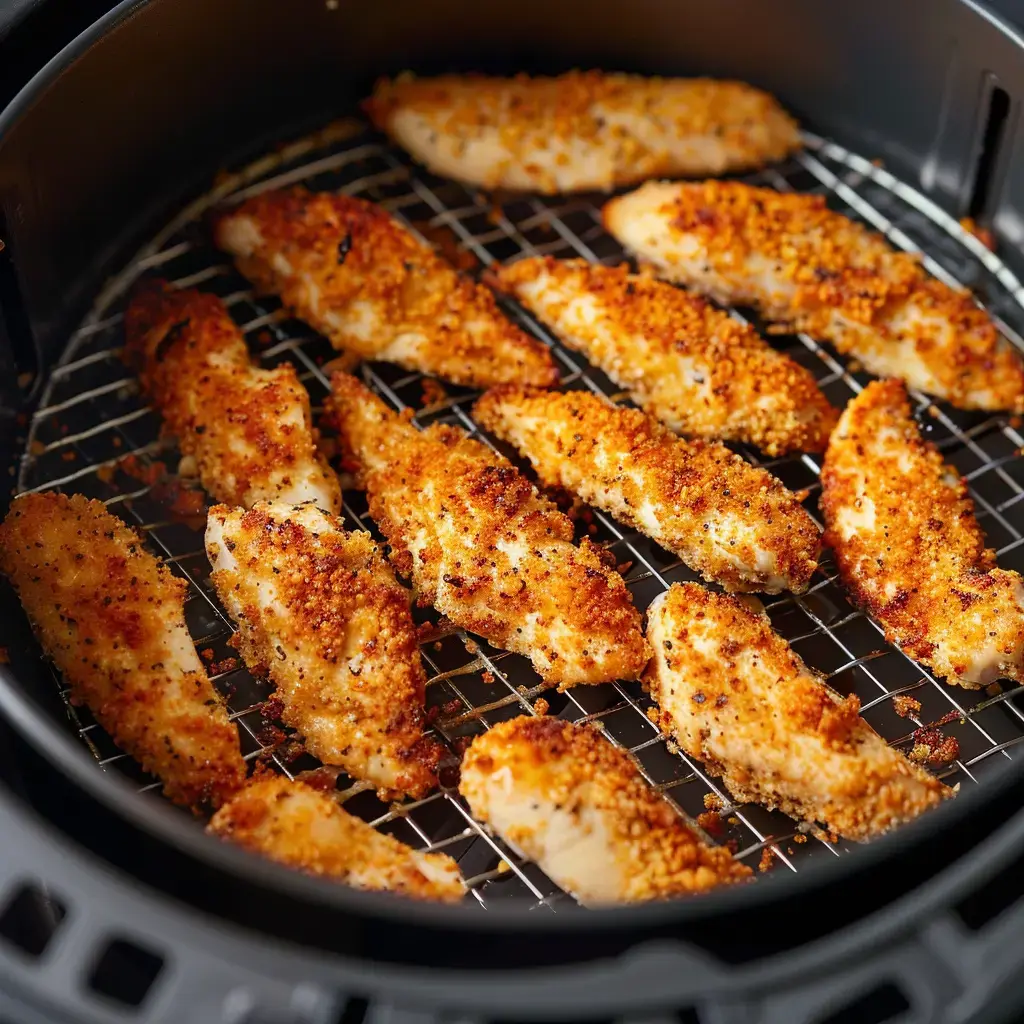 Des émincés de poulet panés dorés cuisent dans un air fryer.