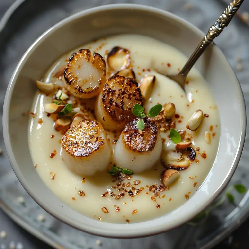Un bol de velouté crémeux accompagné de Saint-Jacques dorées, parsemé de noisettes et décoré d'herbes fraîches.