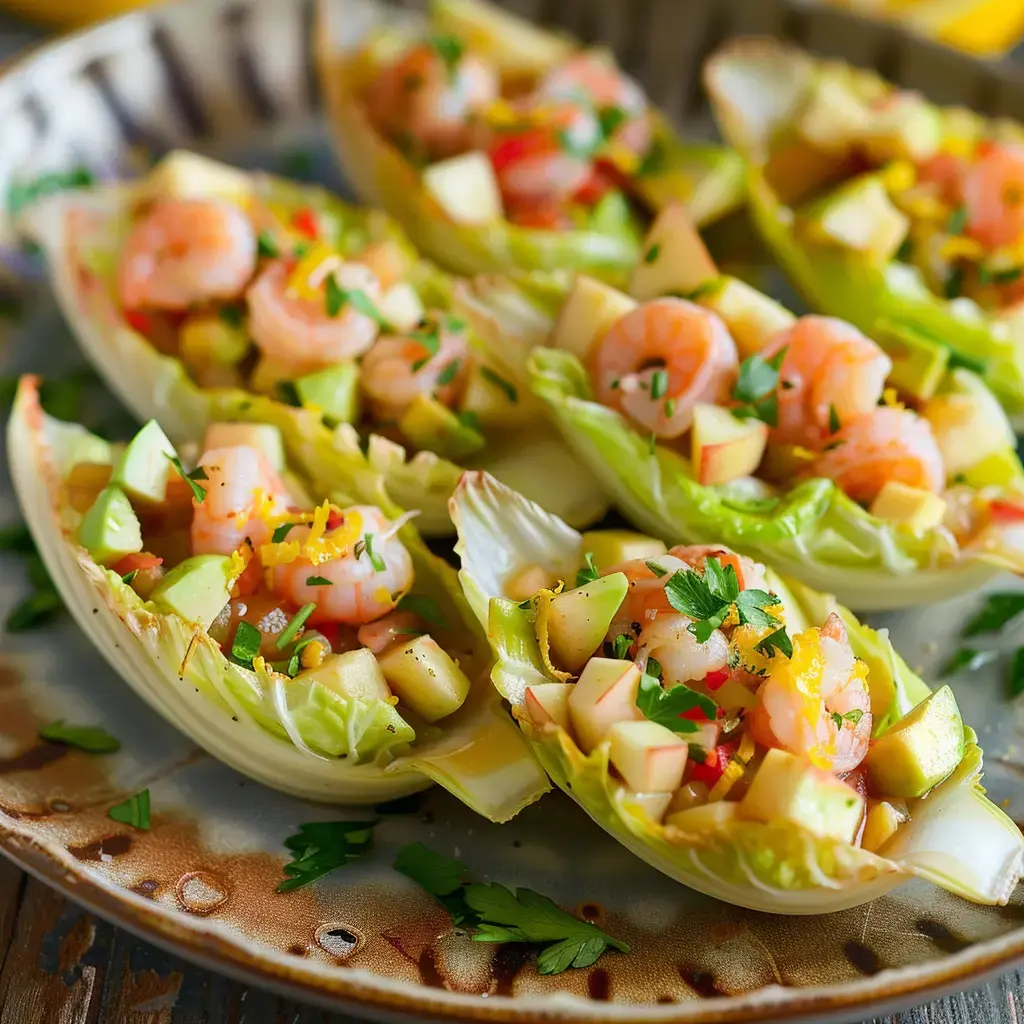 Des feuilles d'endive garnies de crevettes et de dés de pomme, agrémentées de persil.