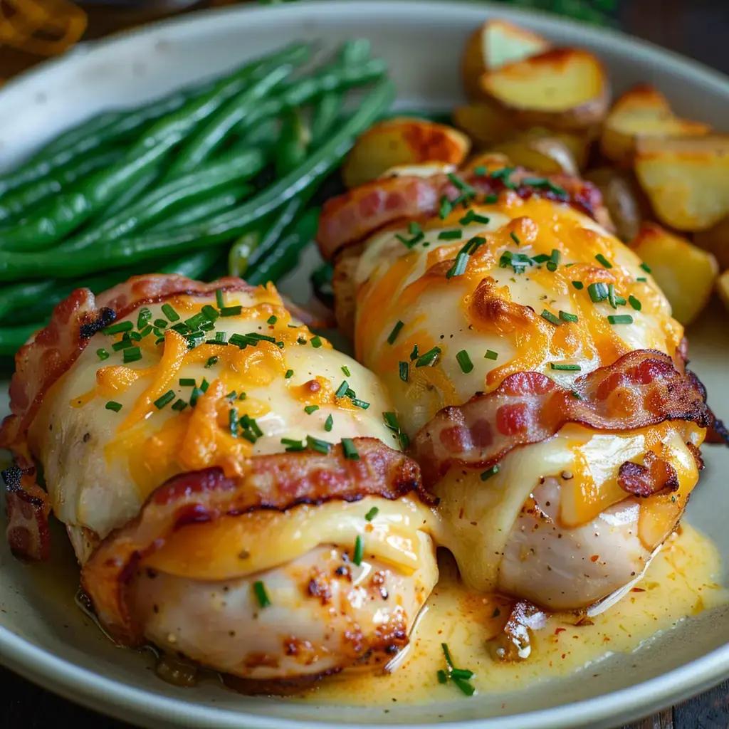 Deux filets de poulet enveloppés de bacon, garnis de cheddar fondu, servis avec des haricots verts et pommes de terre dorées.