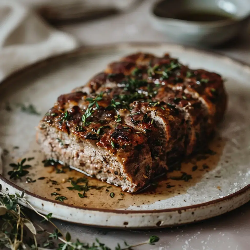 Un pain de viande bien doré, décoré de thym frais, servi dans une assiette avec son jus de cuisson autour.