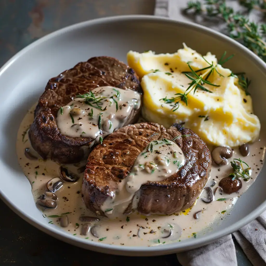 Des filets de bœuf couverts d'une sauce crémeuse, servis avec une purée de pommes de terre et parsemés d'herbes fraîches.