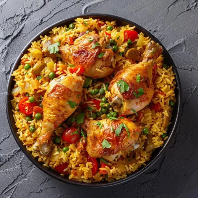 Un grand plat de riz doré, morceaux de poulet rôtis et légumes colorés bien frais au-dessus.
