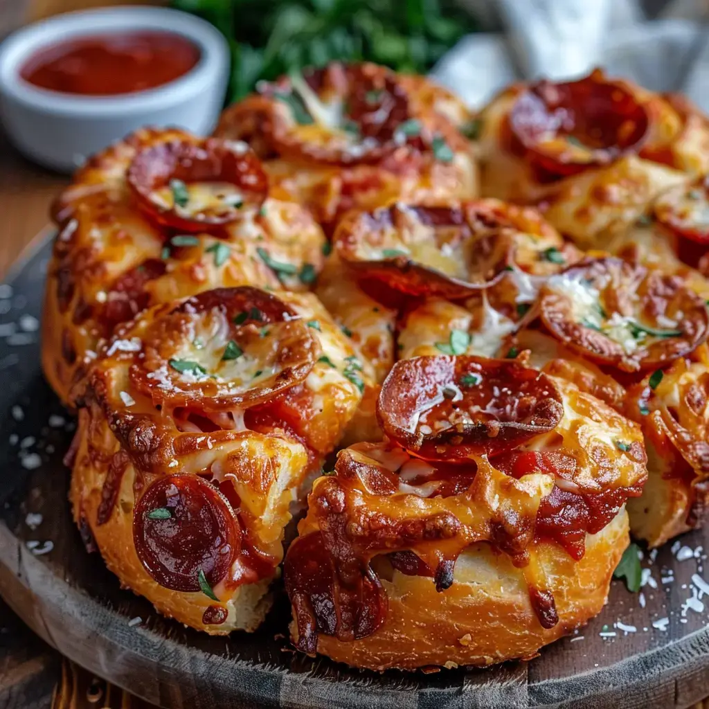 Un pain moelleux fourré avec du fromage fondu et du pepperoni, accompagné d'une sauce tomate.