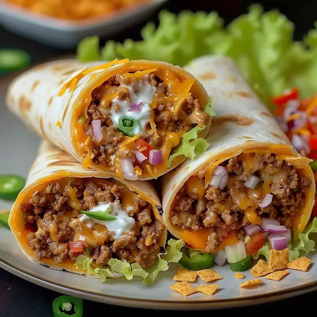 Trois wraps garnis de bœuf, fromage fondant, poivrons, salade et sauce, sur une grande assiette avec de la laitue verte.
