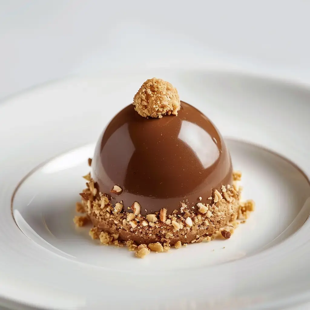 Un joli dôme enrobé de chocolat, couronné d'une douceur au centre et cerclé de brisures de noisette.