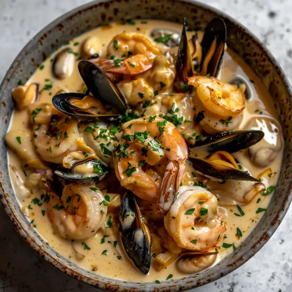 Bol garni de fruits de mer, crevettes et moules baignant dans une sauce crémeuse, quelques feuilles de persil frais dessus.