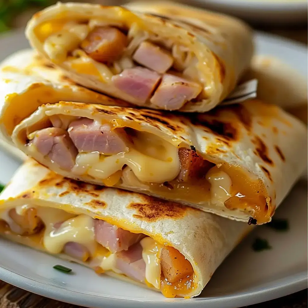 Tortillas dorées garnies de jambon et de fromage coulant.
