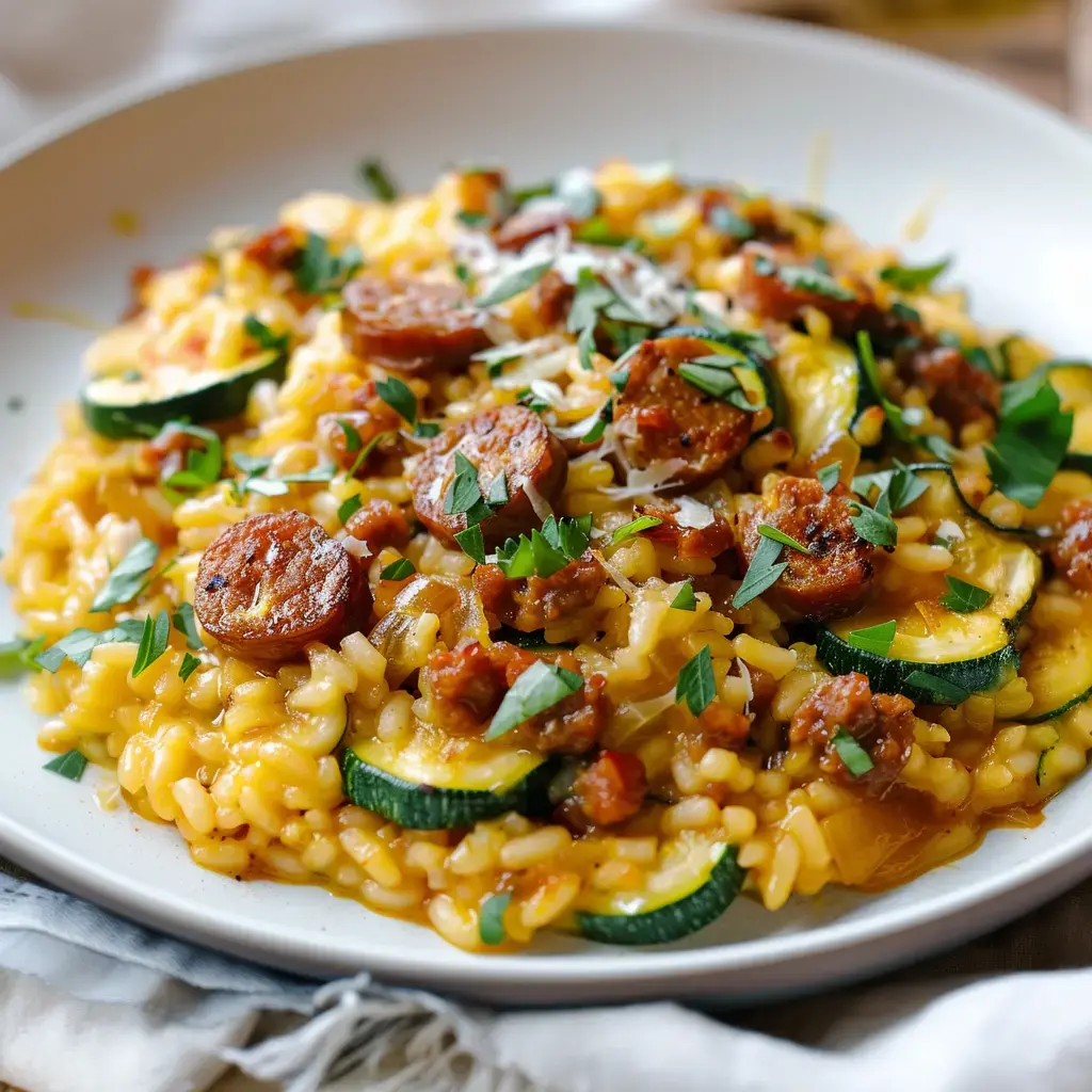 Un risotto onctueux garni de courgettes, saucisse et herbes fraîches du jardin.