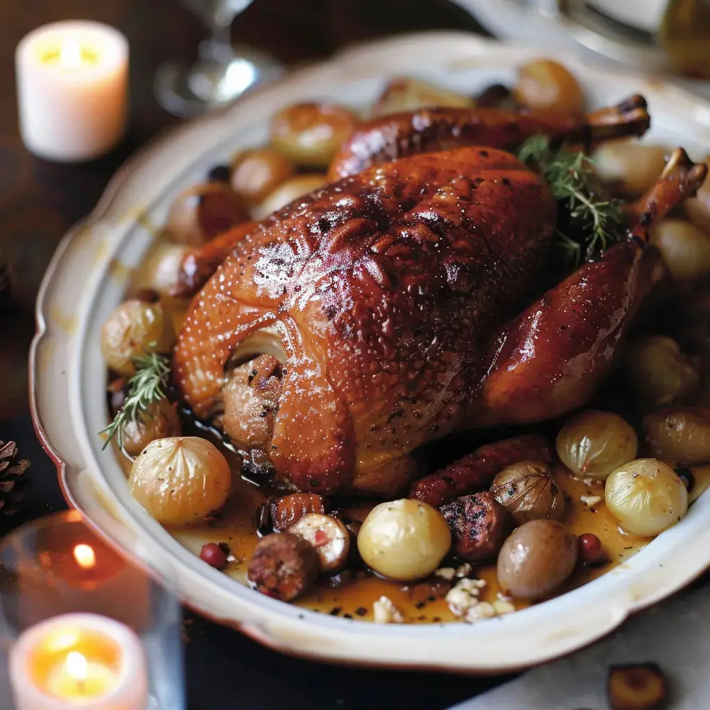 Un grand poulet rôti doré est présenté sur un plat entouré d’oignons et de légumes.