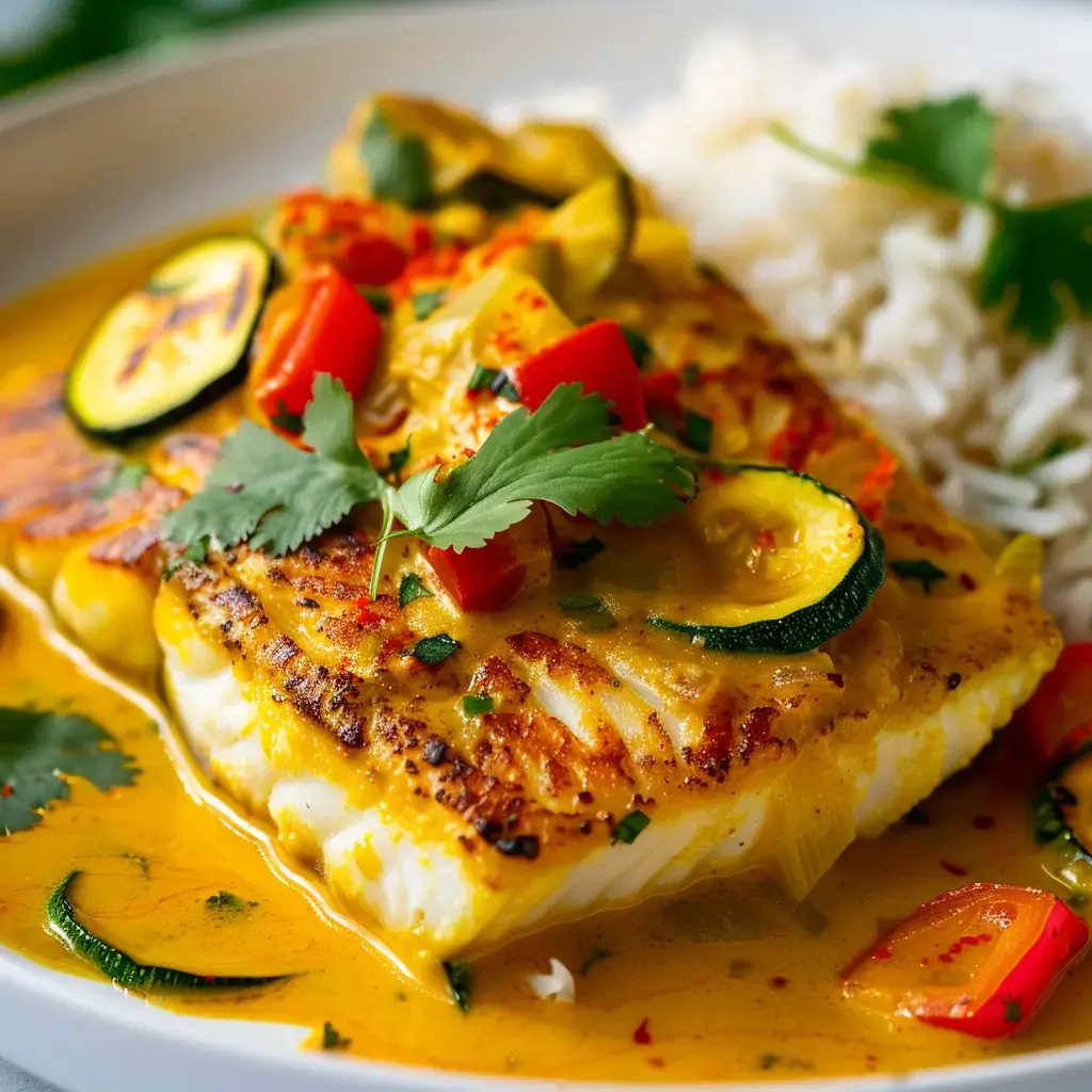 Poisson doré à la poêle, nappé d'une sauce cocooning, légumes éclatants et riz qui donne envie.