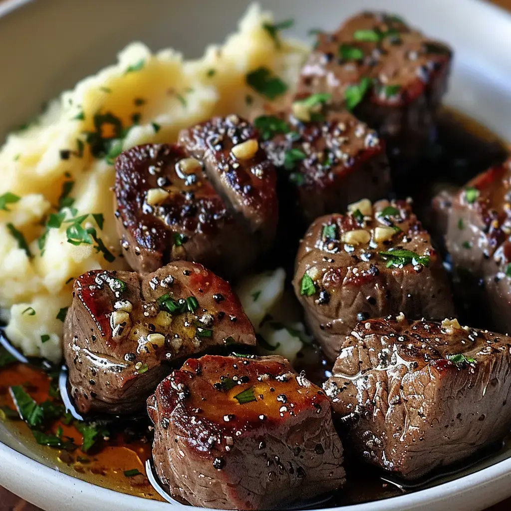 Des morceaux de bœuf dorés servis avec une grosse purée et des herbes fraîches sur le dessus.