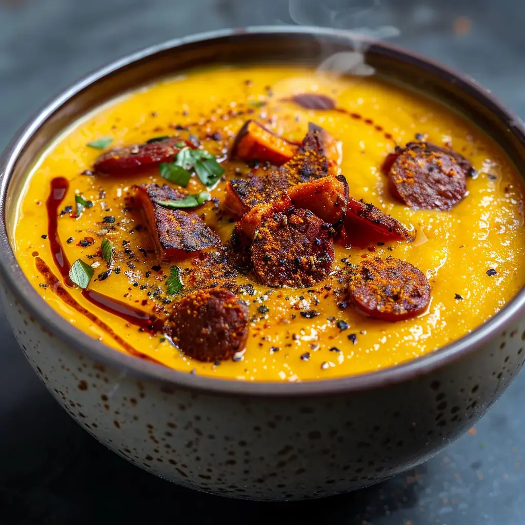 Un bol de soupe crémeuse jaune garnie de morceaux de chorizo, d'herbes fraîches et d'épices.